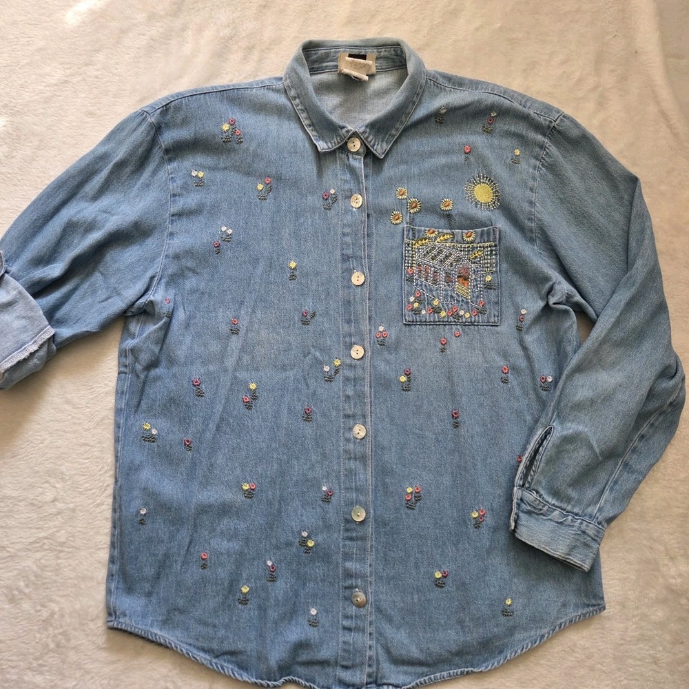 Vintage Teddi Denim Chambray Embroidered Floral Sun Greenhouse Womens Med‎